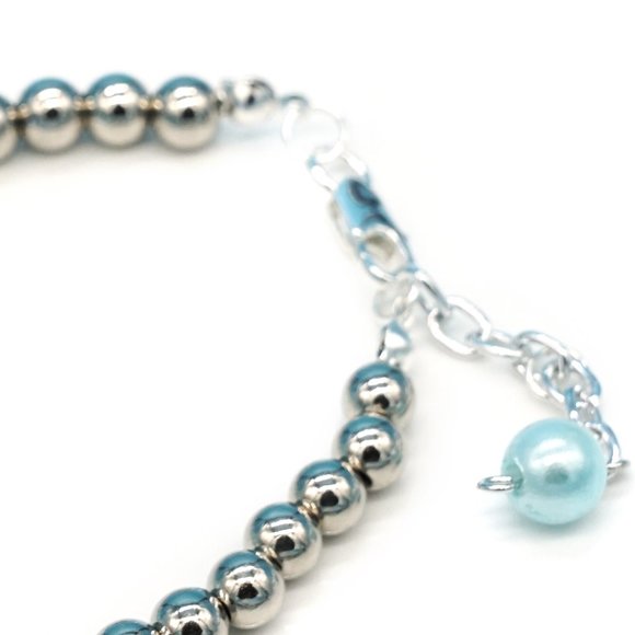 Bracelet Blue Pearls Rhinestones Hematite Beads Silver Lobster Clasp with Chain - Picture 2 of 2